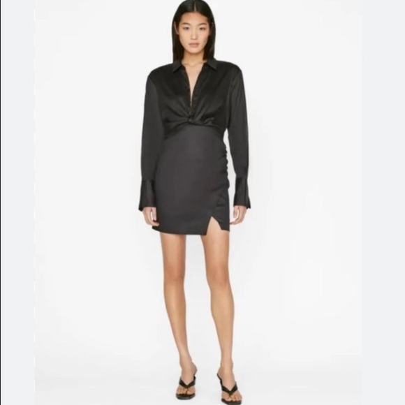 FRAME Long Sleeve Mini Twist Dress Noir Black Linen Blend - Picture 8 of 8